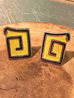 Los Ballesteros Taxco 925 Sterling Silver Enamel Modernist Greek Key Cufflinks